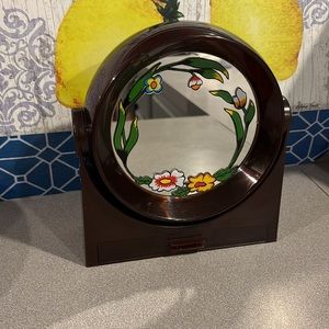 1970's Vintage Yap's Floral Wind-up Music Box Mirror With Drawer
